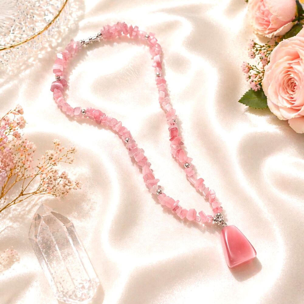 Pink Cats Eye Chip Beaded Pendant Necklace